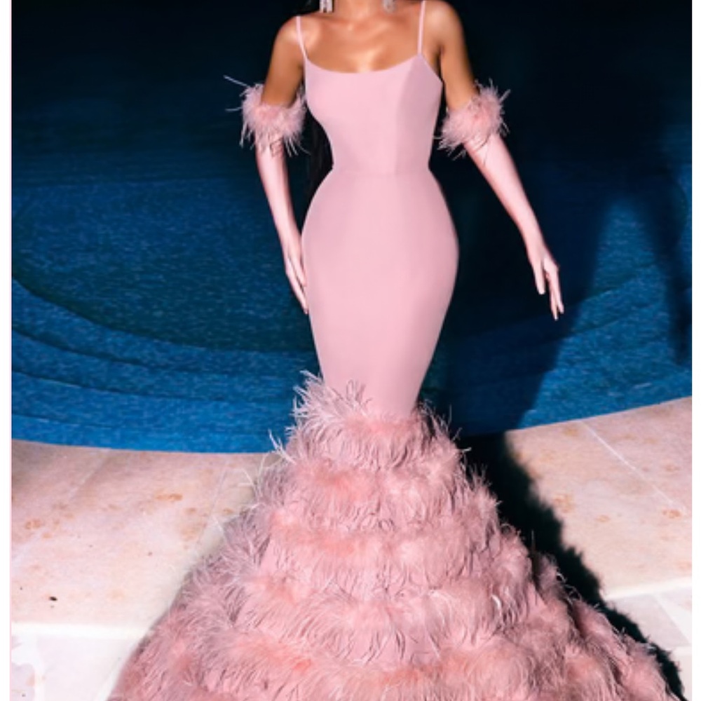 Portia & Scarlett Pink Feathered Long Mermaid Gown Dress PS23032 Blush Pink sz 2